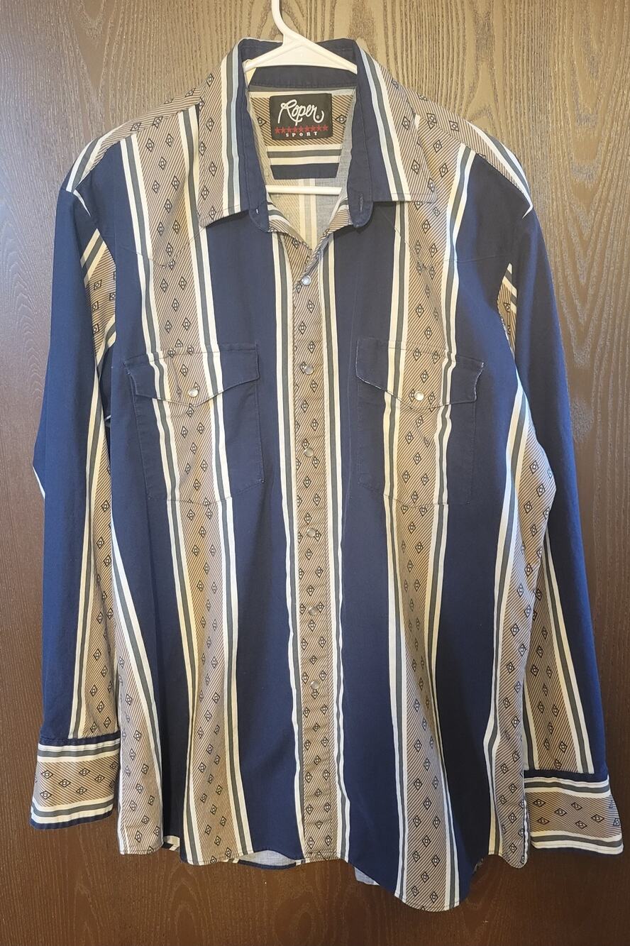 Roper Sport Men's XL Western Shirt Pearl Snap Geometric Stripe Vintage 90s USA